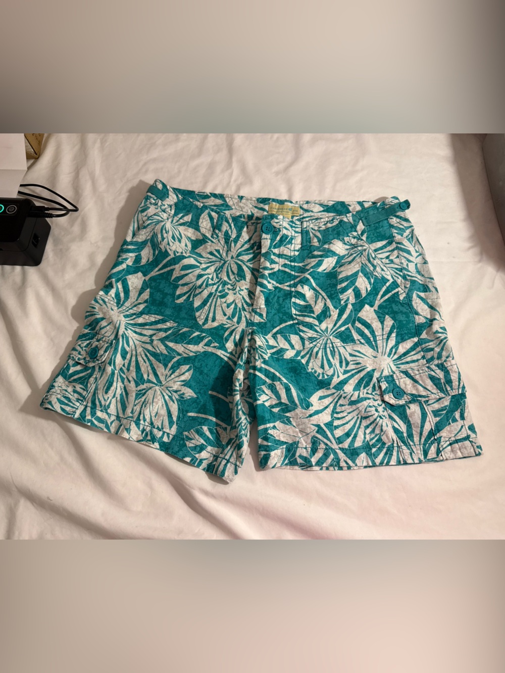 Caribbean Joe Teal and White Tropical Print Bermuda Shorts